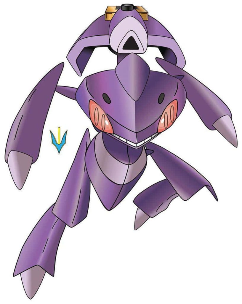 Digital illustration of Mythical Pokémon Genesect in purple metallic armor with glowing red eyes Wallpaper