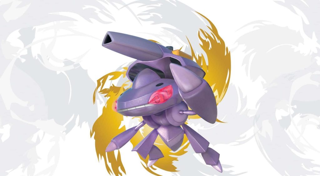 Genesect digital wallpaper purple robotic Pokémon glowing eyes back cannon golden swirls background