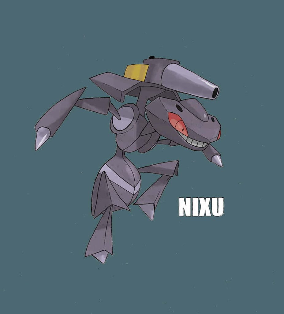 Genesect digital wallpaper with sharp insectoid design and red eyes on pale blue background