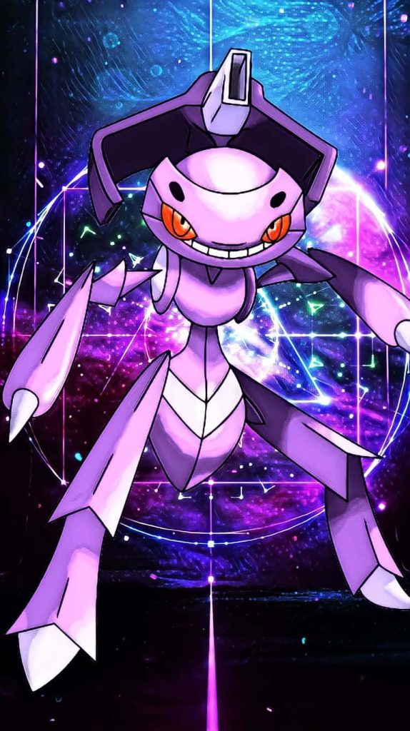 Genesect Mythical Pokémon digital art with cosmic purple background and glowing geometric lines Wallpaper