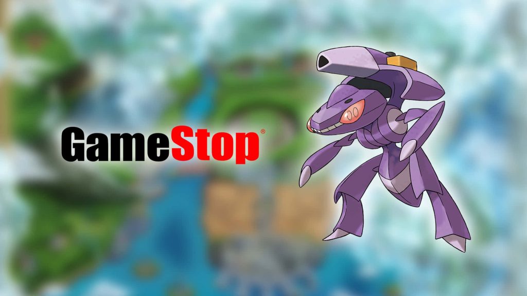 Genesect Pokémon next to GameStop logo on blurred background gaming culture wallpaper desktop