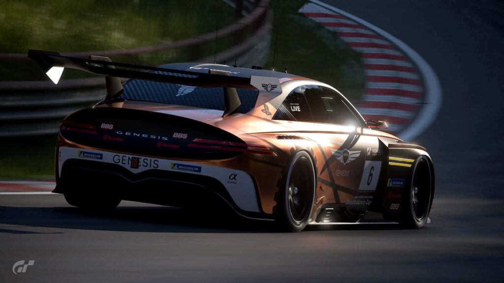 Genesis race car racing on curving track at sunset showcasing speed and precision motorsport Wallpaper