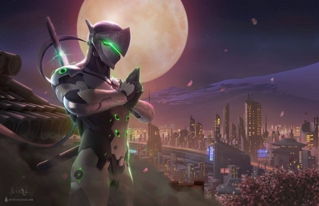 Genji Overwatch wallpaper standing on rooftop with glowing green accents and cherry blossoms