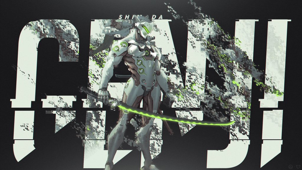 Genji Overwatch wallpaper with glowing Dragonblade and glitch cyber ninja digital art background