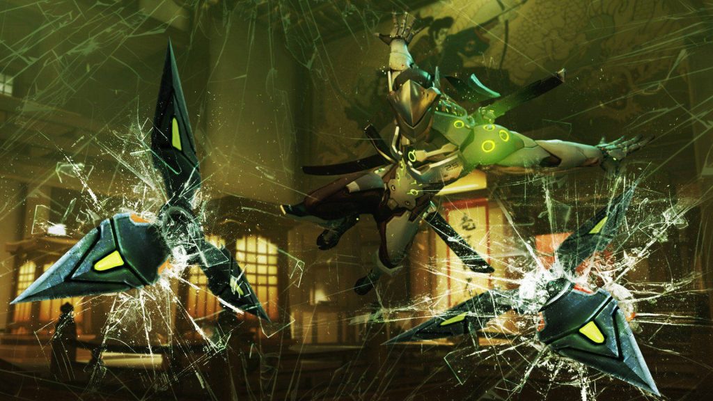 Genji Overwatch wallpaper dynamic leap glowing green shurikens shattering glass Japanese dojo