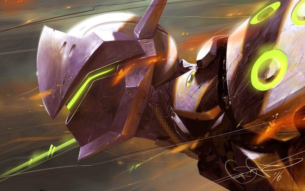 Genji Shimada Overwatch wallpaper showing cyborg ninja with metallic armor and glowing visor