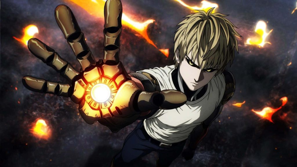 Genos anime wallpaper cyborg reaching out with glowing energy blast fiery dark battlefield background
