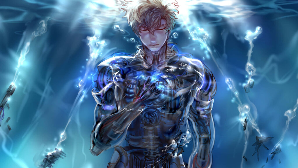 Genos Wallpaper: Cyborg Hero with Intense Blue Energy Glow