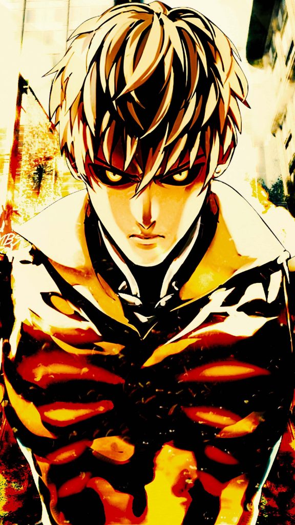 Genos Demon Cyborg close-up with glowing yellow eyes fiery orange and red anime wallpaper background