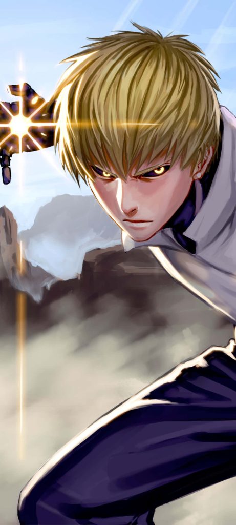 Genos One Punch Man anime wallpaper intense combat pose glowing eyes energy blast background