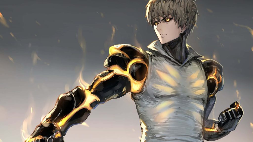 Genos from One Punch Man digital wallpaper with glowing cybernetic arms and intense yellow eyes