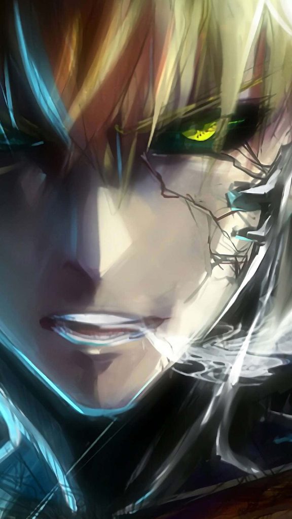 Genos close-up digital art wallpaper with piercing yellow eye and blue mechanical details