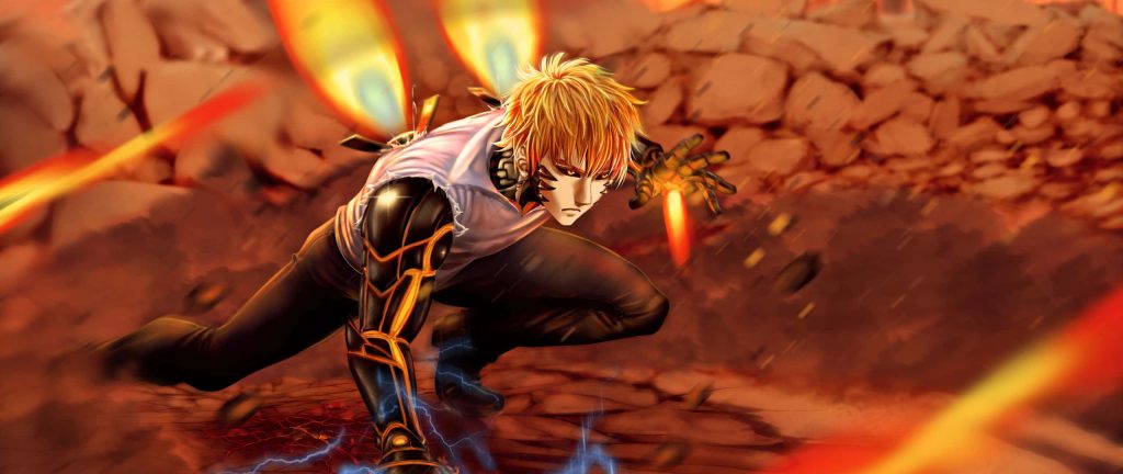 Genos One Punch Man dynamic wallpaper fiery battleground glowing energy effects intense lighting