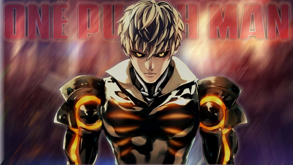 Genos from One Punch Man intense cybernetic hero with glowing eyes sleek black orange armor wallpaper