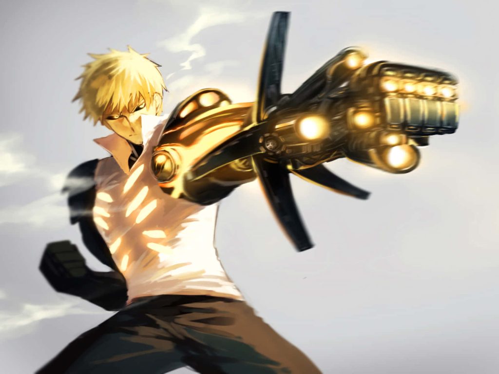 Genos One Punch Man digital art glowing mechanical arm intense fighting stance wallpaper