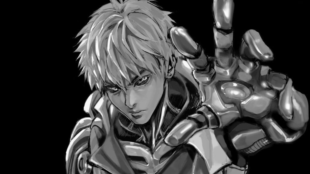 Genos S-class Cyborg close-up digital art intense gaze mechanical arm One Punch Man wallpaper