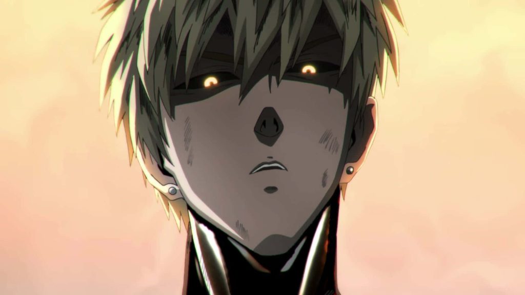 Genos One Punch Man close-up anime wallpaper intense glowing orange eyes spiky blonde hair