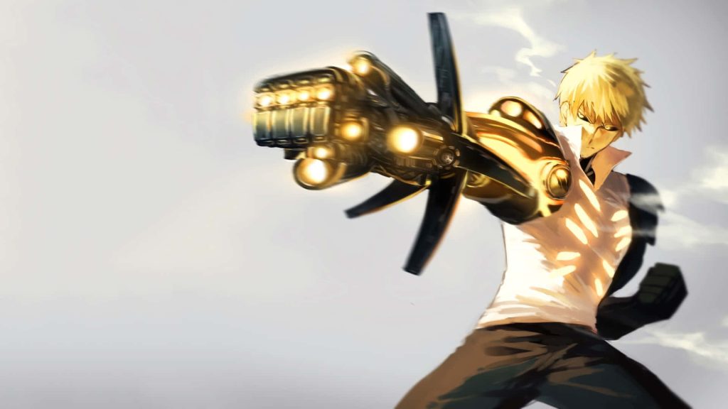 Genos from One Punch Man firing golden energy blast in detailed glowing anime wallpaper