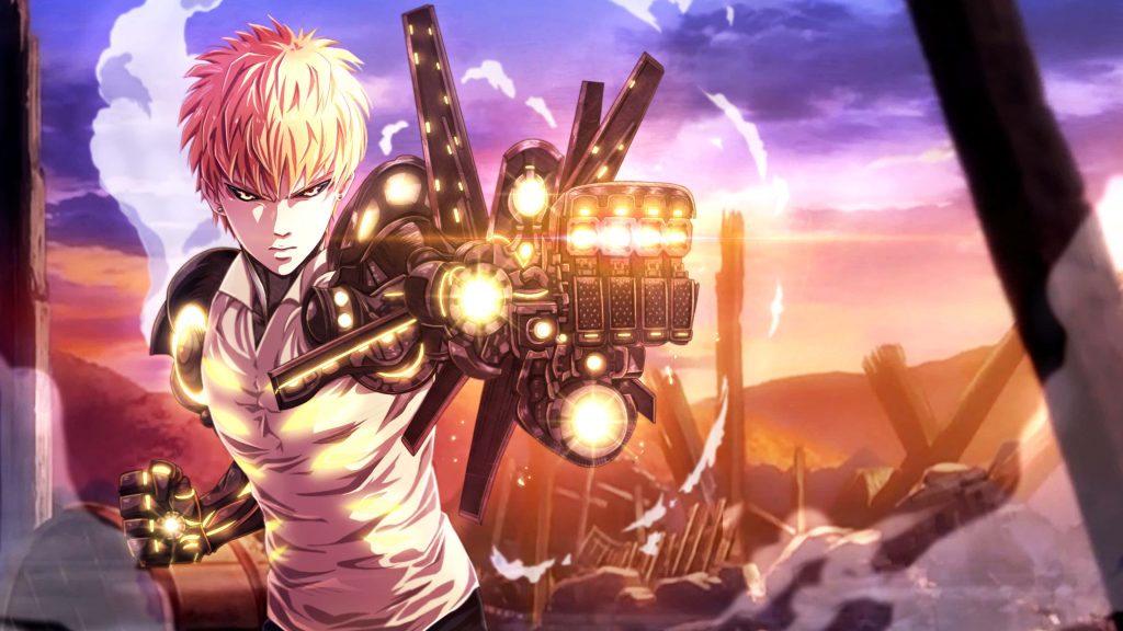 Genos from One Punch Man in battle stance with glowing arm cannon in ruined cityscape at sunset Wallpaper