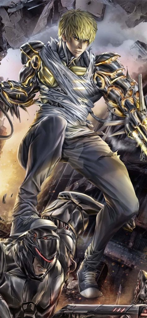 Genos from One Punch Man victorious over robot in vibrant metallic armor cinematic wallpaper