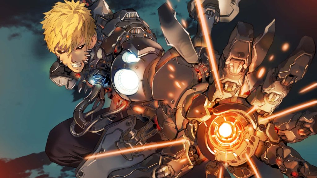 Genos One Punch Man wallpaper high detail blonde cyborg charging glowing orange energy cannon