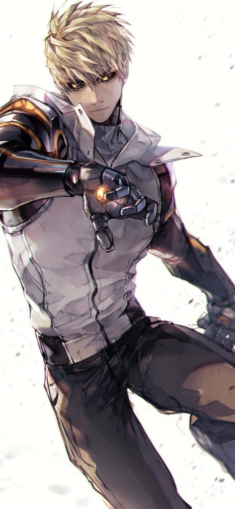 Genos from One Punch Man intense pose detailed cyborg armor blonde hair glowing eyes wallpaper
