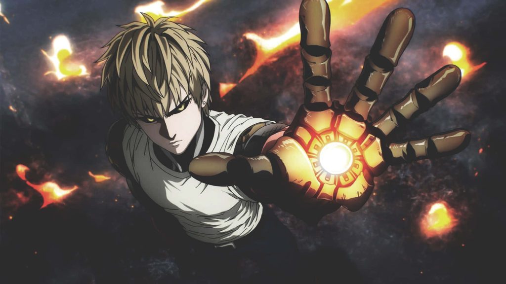 One Punch Man Genos action pose glowing incineration cannon fiery explosive anime wallpaper