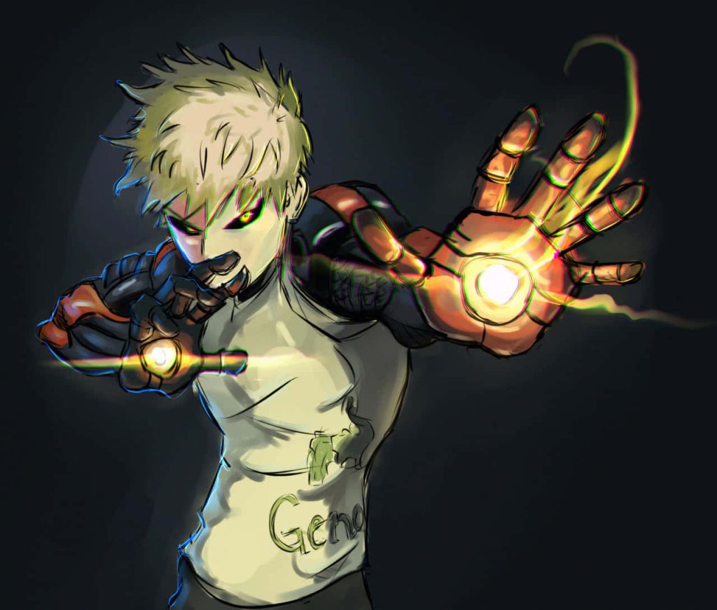 Genos from One Punch Man charges energy blasts in dynamic gritty anime battle wallpaper
