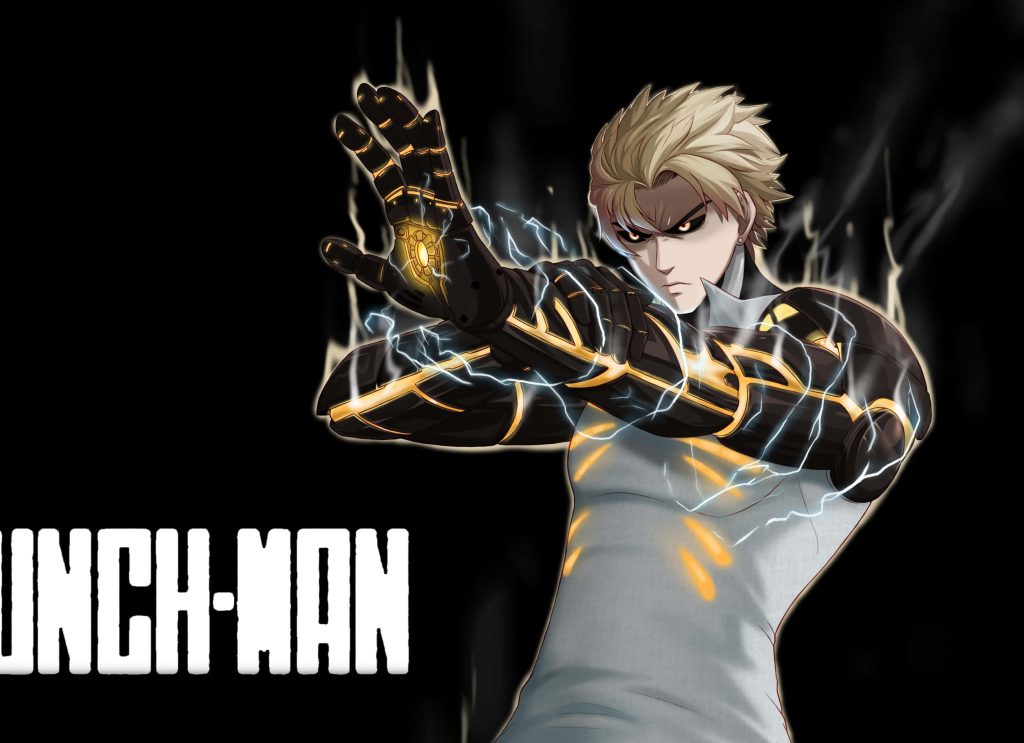 Genos One Punch Man wallpaper glowing gold robotic arms dynamic anime art dark background