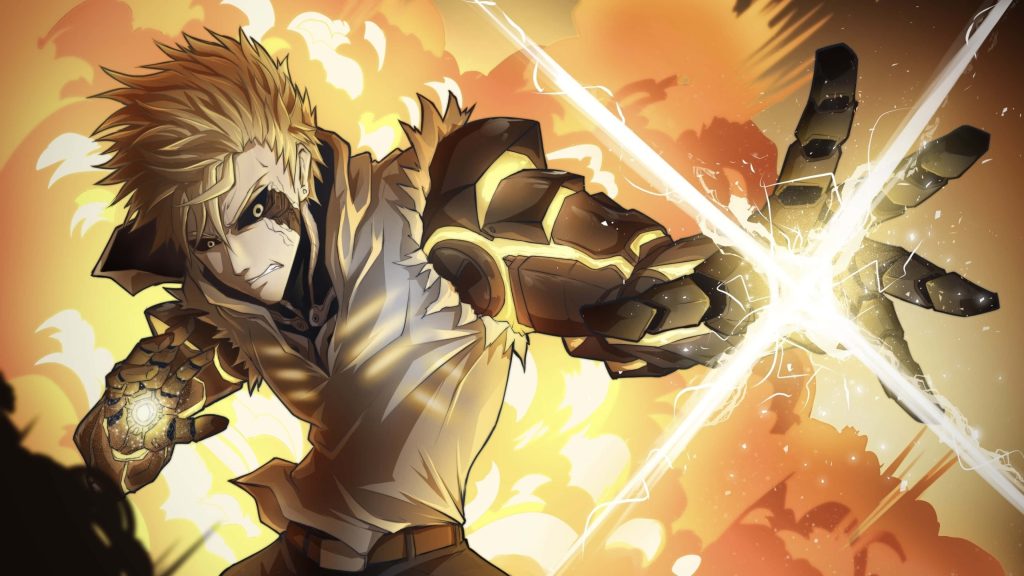 Genos from One Punch Man unleashing energy blast in fiery explosive anime wallpaper background