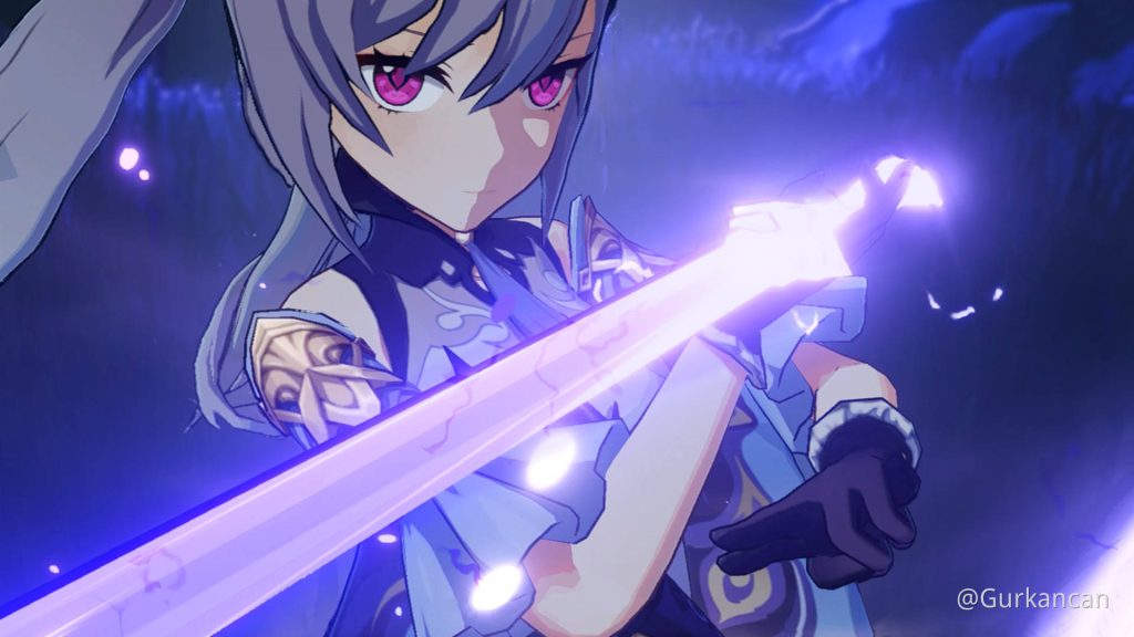 Genshin Impact Keqing wallpaper electrified sword purple lighting fierce anime style background