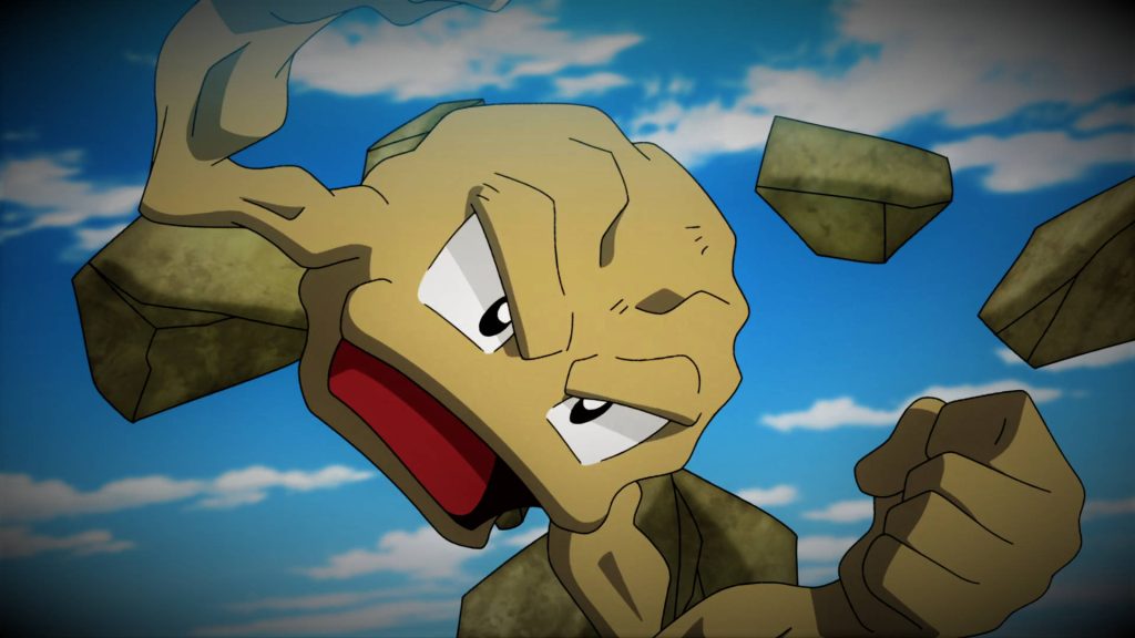 Geodude Pokémon floating with rocks attack pose vibrant blue sky anime wallpaper background