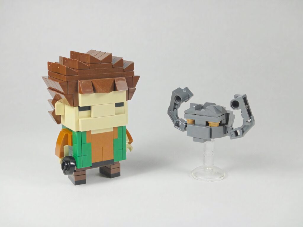 Creative wallpaper with Geodude toy figure and Pokémon Trainer in dynamic action pose