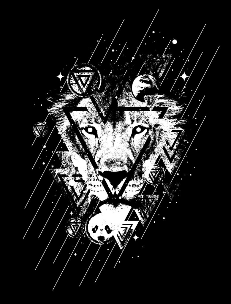 Geometric Lion Black & White Wallpaper with Cosmic Elements