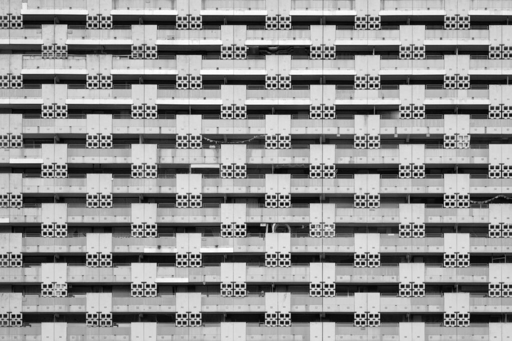 Striking Black and White Geometric Building Wallpaper Background