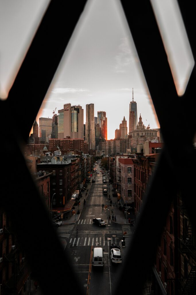 Stunning Cityscape Wallpaper: Geometric Frame & Sunset Glow