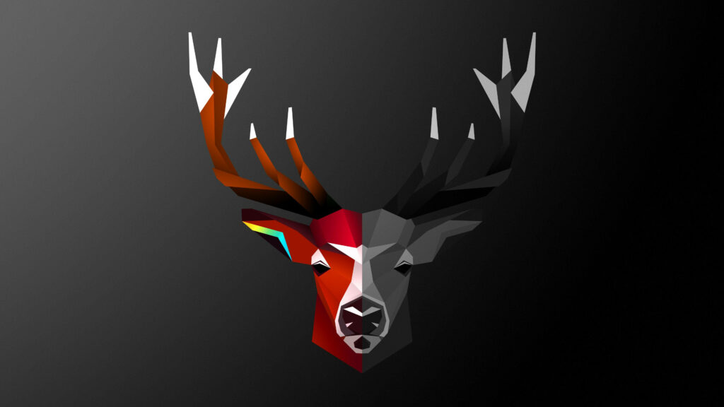 Geometric deer head digital art split vivid colors and monochrome on black gradient background wallpaper