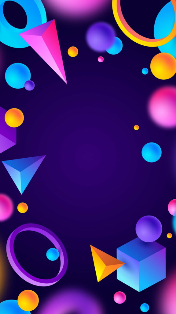 3D neon geometric shapes floating on dark background vibrant abstract digital art wallpaper