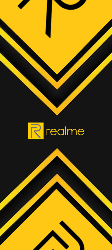 Geometrically Bold: Realme Logo on Yellow and Black Background with Twin Arrow Points Wallpaper