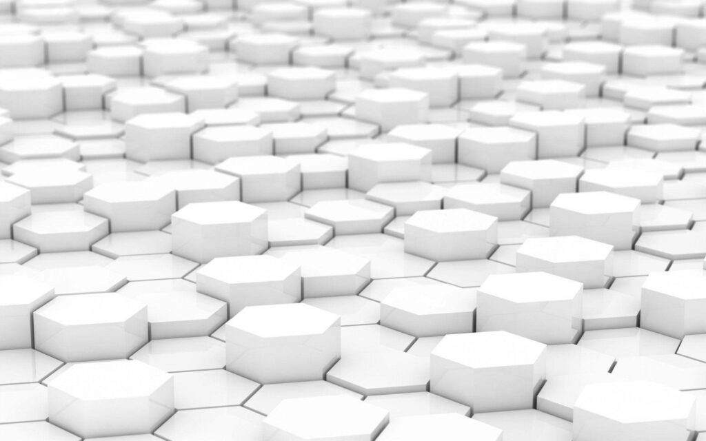 Minimalist 3D wallpaper with white geometric hexagonal pillars and soft depth of field effect
