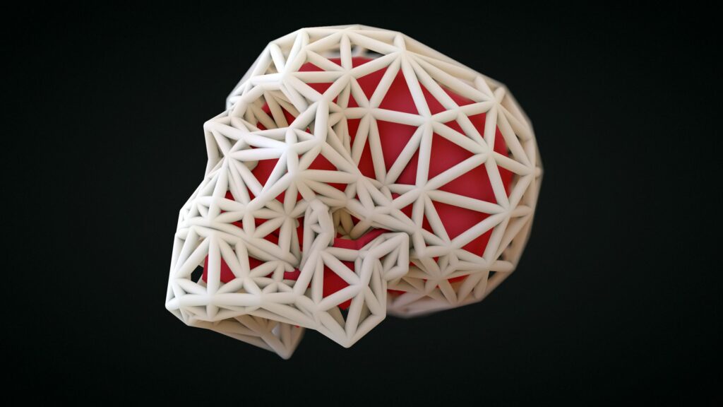 Geometric Skull Wallpaper: White Mesh with Vibrant Red Core on Dark BG
