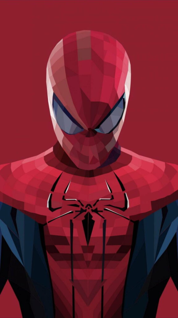 Abstract geometric Spider-Man wallpaper in bold red and blue tones for vibrant iPhone backgrounds