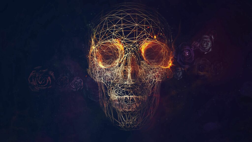 Geometric Wireframe Skull Wallpaper with Glowing Elements & Roses