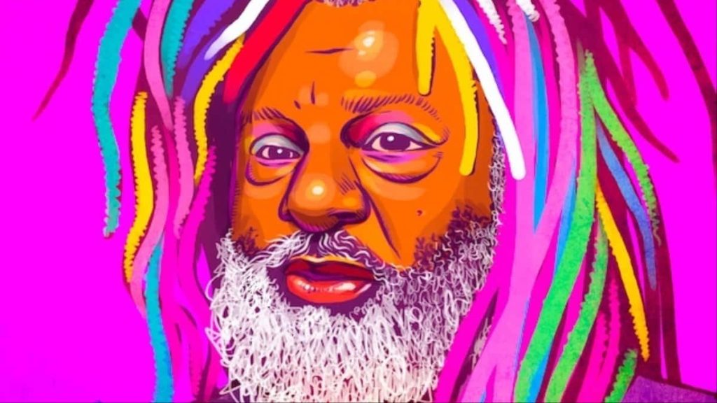 Digital art of George Clinton with multicolored dreadlocks on vibrant hot pink wallpaper background