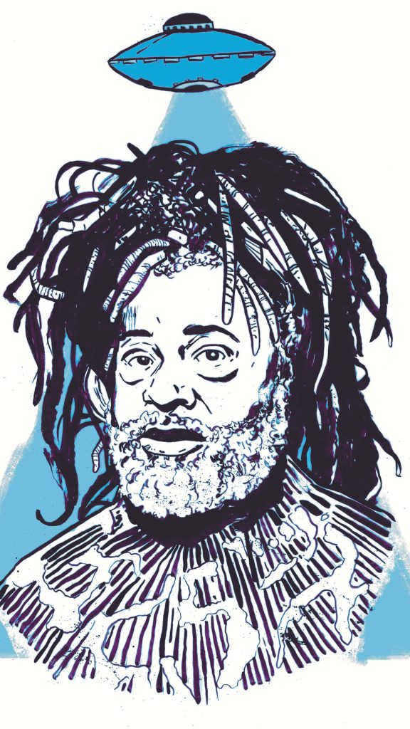 Stylized digital art of George Clinton with dreadlocks under glowing blue UFO in psychedelic style Wallpaper