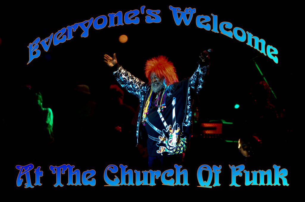 George Clinton live on stage with neon orange hair and Church of Funk text wallpaper background