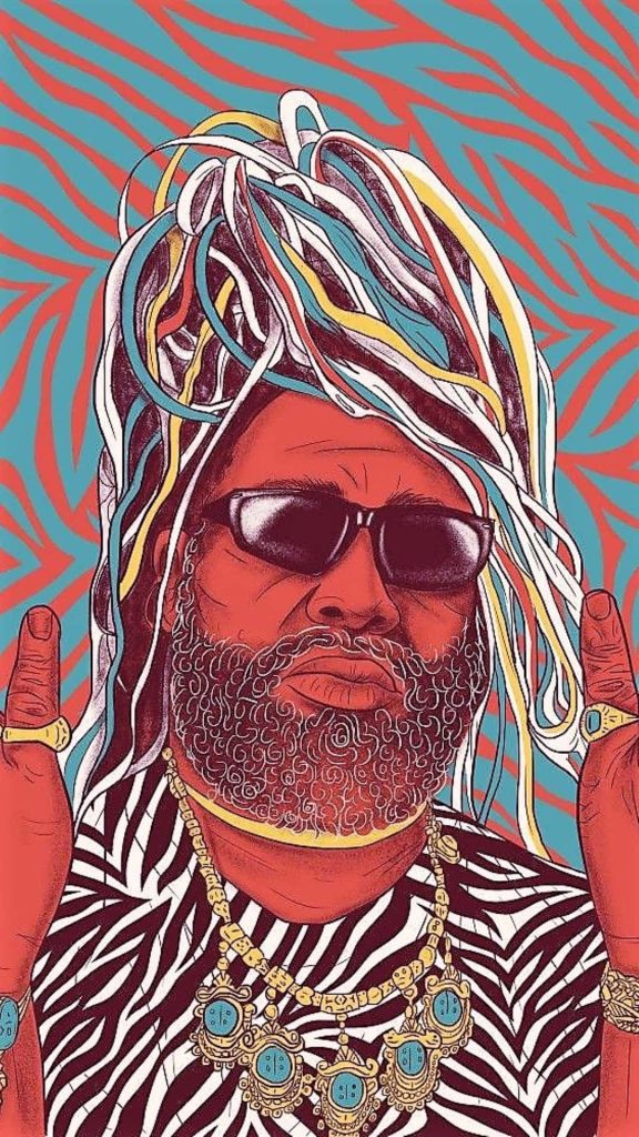 George Clinton colorful digital art wallpaper with multicolored dreadlocks and funky zebra print background