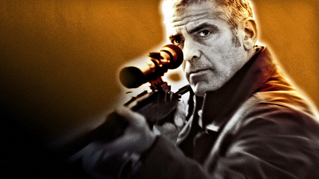 George Clooney as tense assassin aiming sniper rifle scope with dramatic orange background wallpaper