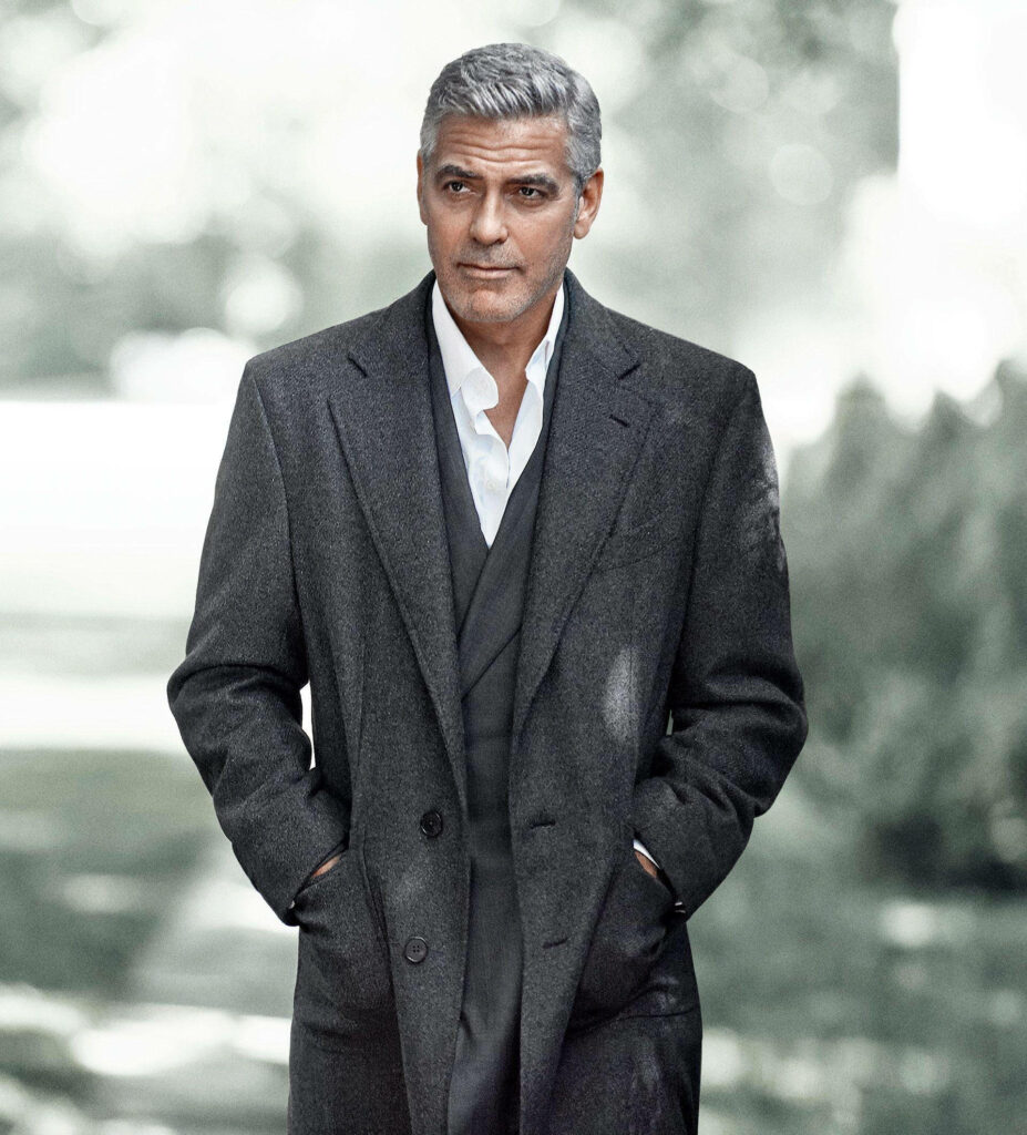 George Clooney in dark overcoat outdoors confident stylish wallpaper background image