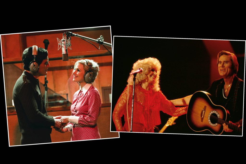 George Jones and Tammy Wynette collage showing studio scenes and classic stage performance wallpaper